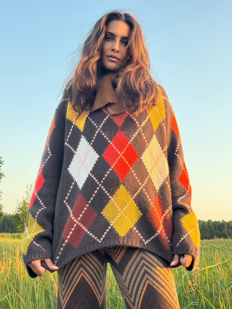 COOL ISCHGL EXTRA DIAMOND SWEATER - BROWN/ORANGE