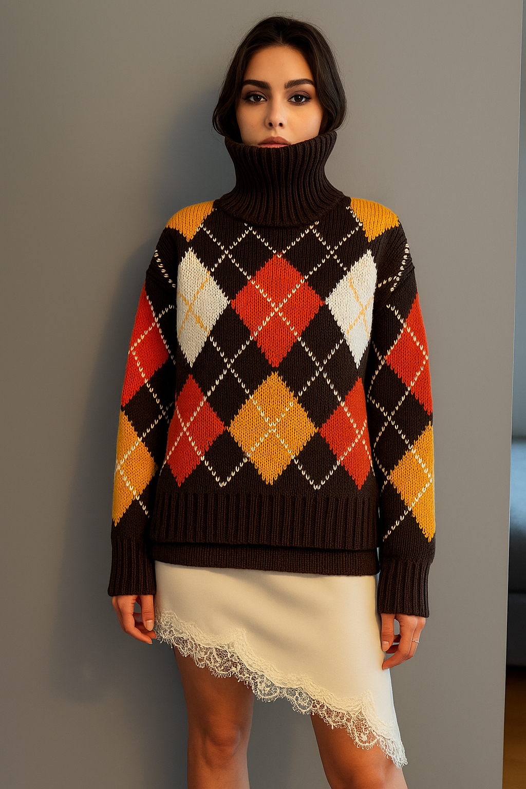 GABRIELLE EXTRA DIAMOND SWEATER - BROWN/ORANGE