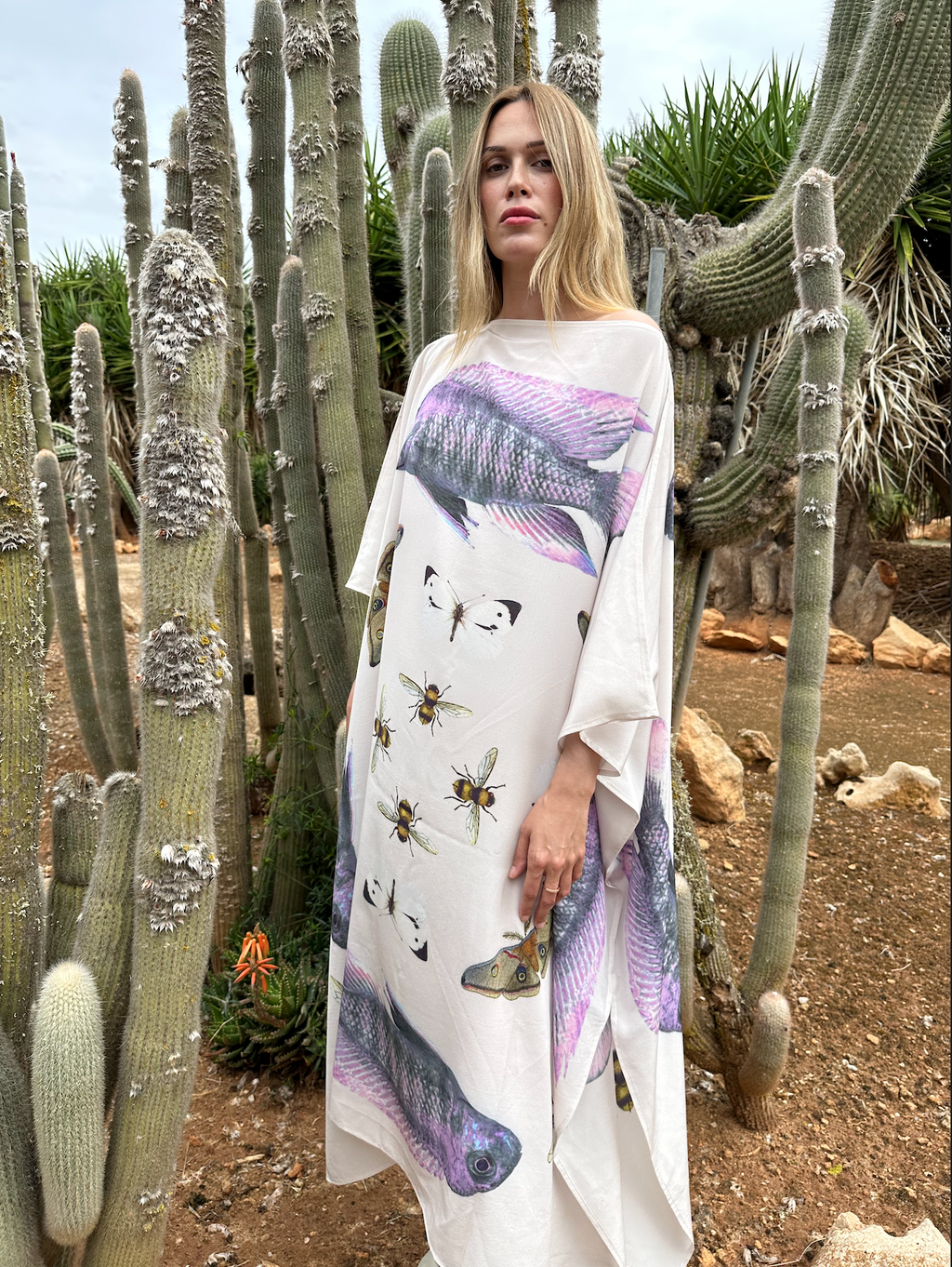 BUTTERFLY & FISH SILK TUNIC - taupe