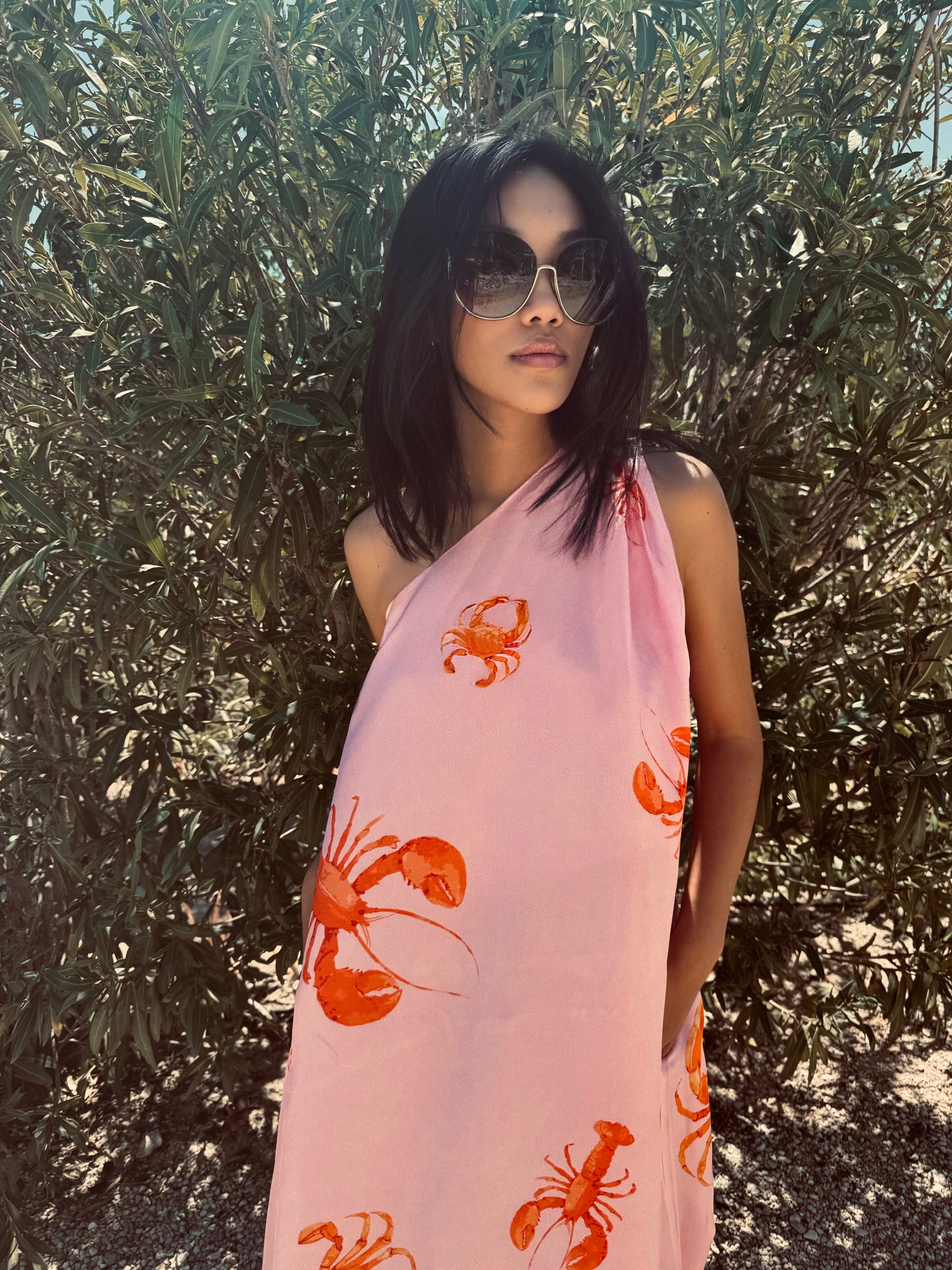 CRAB & LOBSTER SILK OFF-SHOULDER DRESS