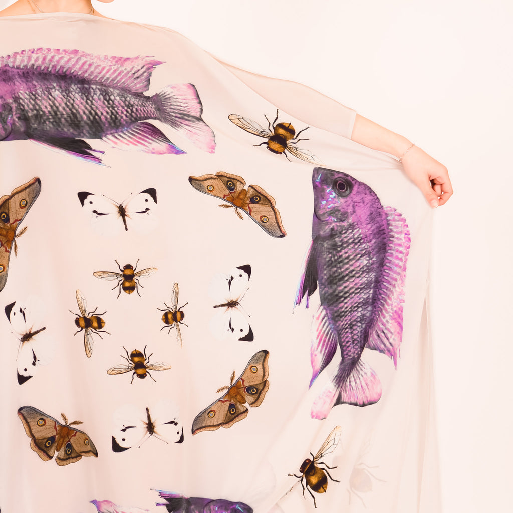 BUTTERFLY & FISH SILK TUNIC - taupe