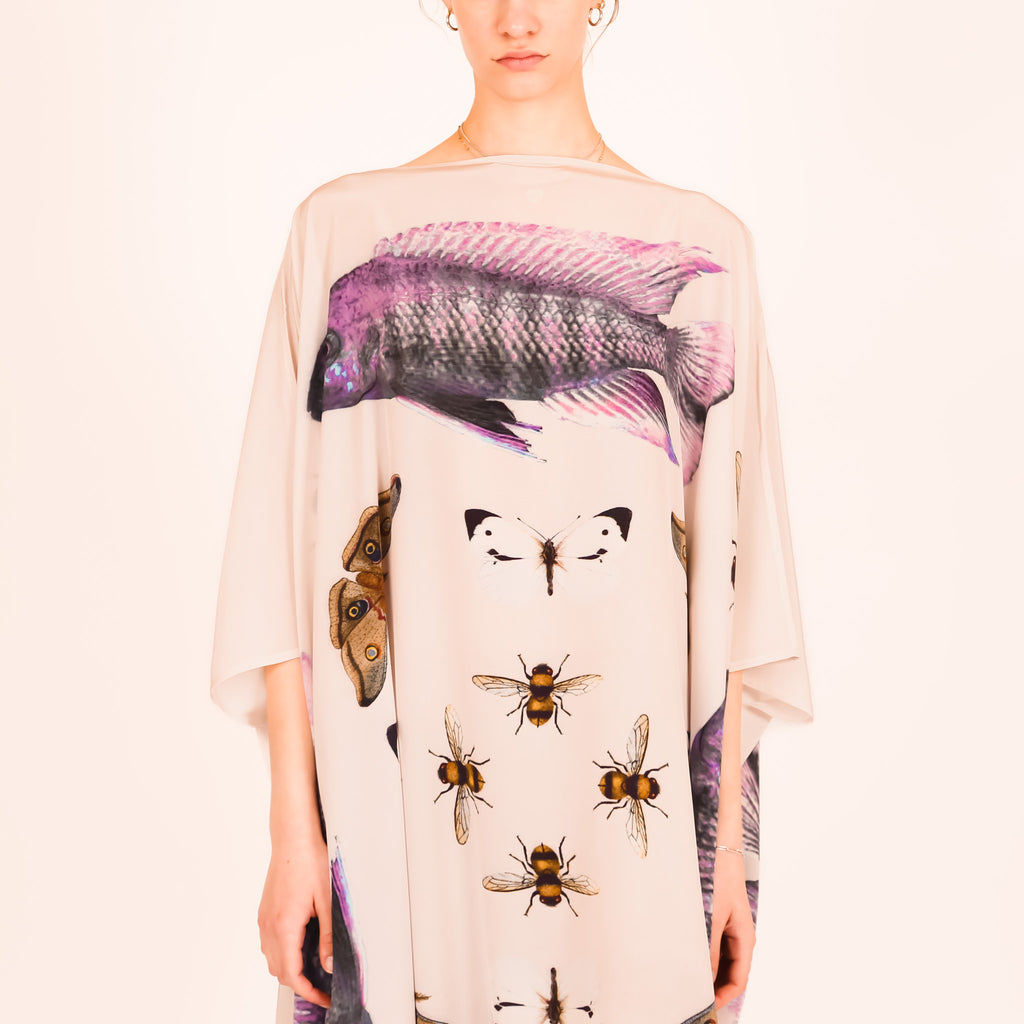 BUTTERFLY & FISH SILK TUNIC - taupe