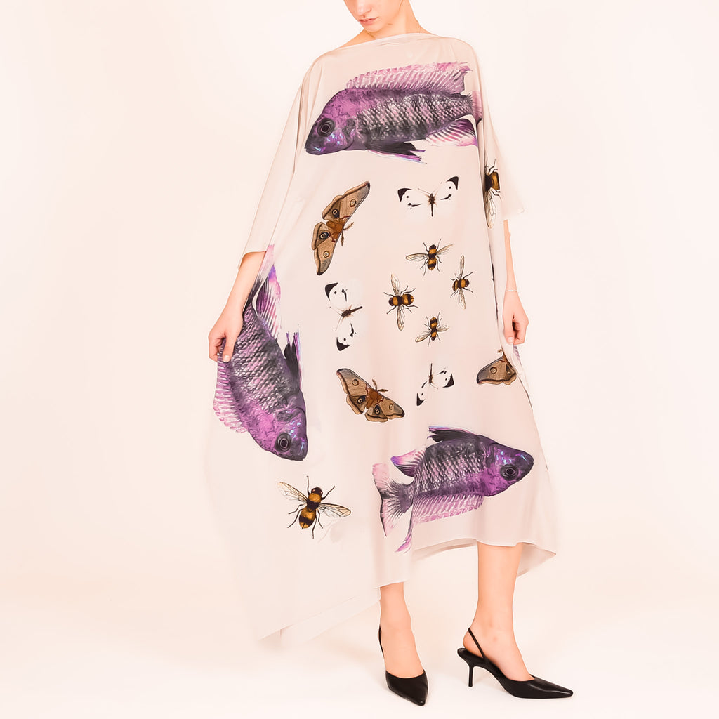 BUTTERFLY & FISH SILK TUNIC - taupe
