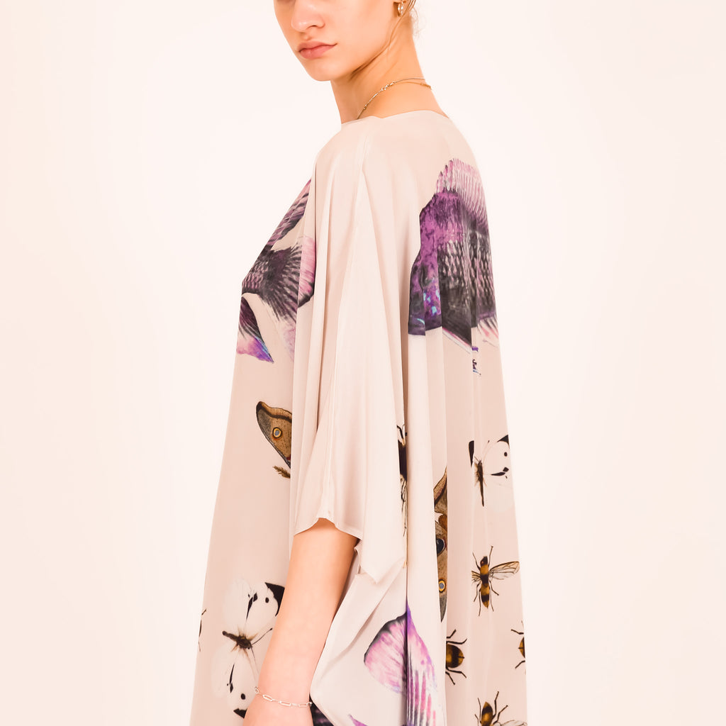 BUTTERFLY & FISH SILK TUNIC - taupe