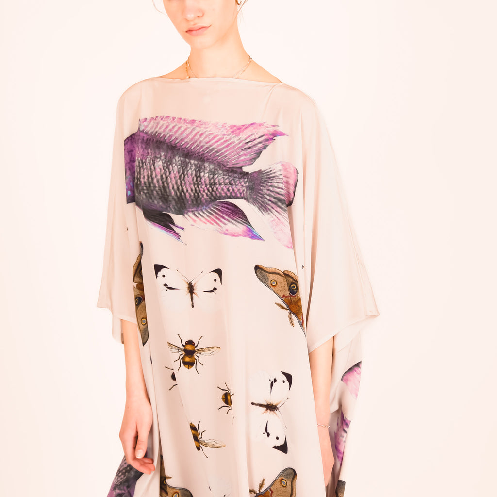 BUTTERFLY & FISH SILK TUNIC - taupe